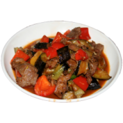 Хуншаущезы (жареные баклажаны с мясом, болгарский перец, помидоры, специи)